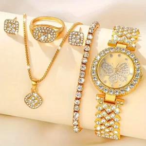 Women’s Luxury Quartz Watch with Rhinestone Jewelry Set Custom Logo Includes Earrings Necklace and Dial Display Pointer