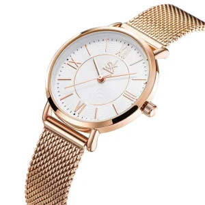 Women’s Minimalist Mesh Stainless Steel Strap Analog Quartz Wristwatch with Roman Numerals