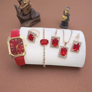 Women’s New Casual Luxury Quartz Watch Korean Version Rhinestone Jewelry Set Business Square Leather Alloy Glass Foreign Version
