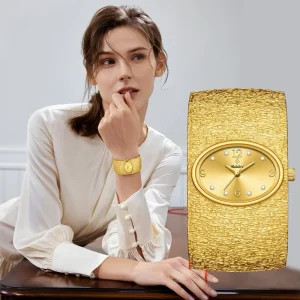 Women’s Oval Quartz Watch Gold Tone Vintage Design Eco Friendly Alloy Bracelet Elegant Analog Timepiece
