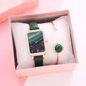 Women’s Quartz Watch 30mm Green Square Dial 16mm Leather Band Bracelet Set