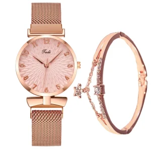 Women’s Quartz Watch Bracelet Set Fashionable and Trendy Mesh Strap Rose Gold Luxury Women’s Wristwatch