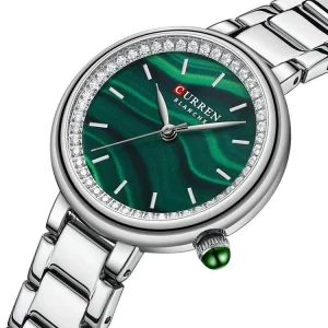 Women’s Quartz Watch Green Malachite Pattern Dial Crystal Bezel Stainless Steel Band Waterproof Elegant Dress Watch