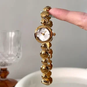 Women’s Quartz Watch Mini Round Gold Tone Dial Beaded Chain Bracelet Band Elegant Casual Wristwatch