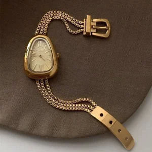 Women’s Quartz Watch, Retro Snakehead Design, Gold Tassel Chain, Stainless Steel Band, Alloy Case, Glass Dial Window