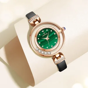 Women’s Quartz Watch Rotating Star Diamond Dial 3atm Waterproof Leather Strap Dress Wristwatch
