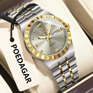 Women’s Quartz Watch, Stainless Steel, Calendar Date Week, Luminous Hands, Waterproof Wristwatch