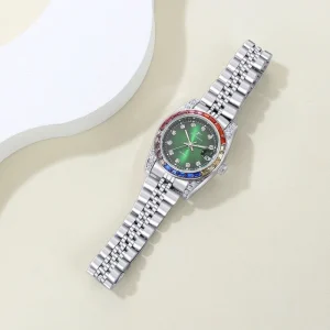 Women’s Quartz Watch Stainless Steel Strap Colorful Bezel Diamond Inlay Date Window
