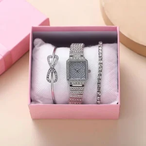 Women’s Quartz Watch Trendy Diamond Row 28mm Glass Stainless Steel Band Small Square Alloy Case Bow Luxury