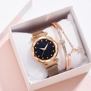 Women’s Quartz Watch and Bracelet Set Starry Sky Pentagram Rhinestone