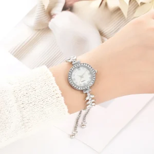 Women’s Quartz Watch with Diamond Inlay Popular Alloy Case Band Leather Strap Case Shape Digital Watch