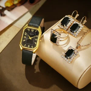 Women’s Quartz Watch with Square Diamond New Jewelry Five Piece Set