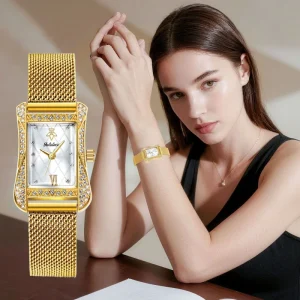 Women’s Rectangular Quartz Watch Roman Numeral Dial Rhinestone Accents 10M Waterproof Analog Timepiece for Daily Wear