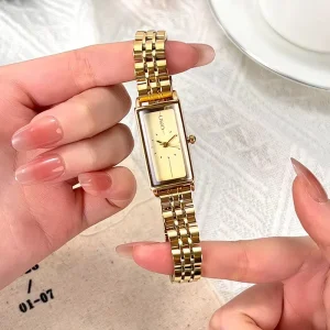 Women’s Retro Style Minimalist Vintage Gold Watch Digital Display Stainless Steel Band Small Gold Wrist Watch