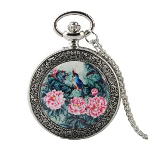 Women’s Retro Vintage Silver Alloy Pocket Watch Flower Bird Pattern Quartz Movement Necklace Antique Style Fashion Jewelry