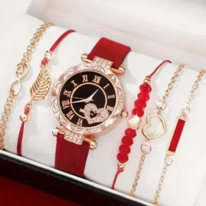 Women’s Rhinestone Dial Leather Strap Quartz Watch Bracelet Set Heart Shaped Roman Numeral Face Watch