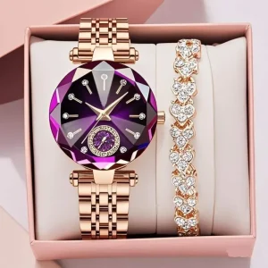 Women’s Rose Gold Metal Band Diamond Quartz Watch Jewelry Set with Simple Fashion Design