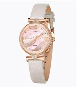 Women’s Rose Gold Watch Pink Mother of Pearl Dial White Leather Strap Diamond Round Quartz Wrist Watch