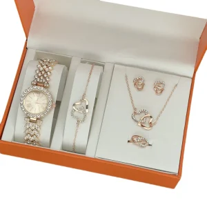 Women’s Rose Gold Watch and Jewelry Set 5pcs Crystal Quartz Watch Heart Necklace Earrings Bracelet Ring Fashion Jewelry Gift Set