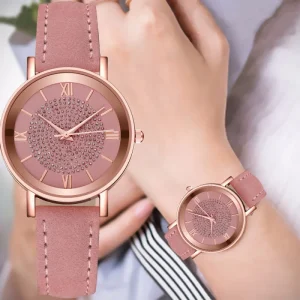 Women’s Shiny Rhinestone Quartz Watch Rome Fashion Analog PU Leather Wrist Watch