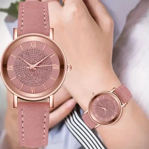 Women’s Shiny Rhinestone Quartz Watch Rome Fashion Analog PU Leather Wrist Watch