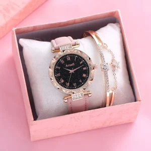 Women’s Simple Diamond Star Bracelet Watch Starry Sky Roman Letter Quartz Movement Alloy Case Glass Dial Chic Charm Set