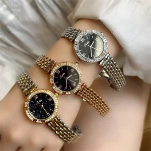 Women’s Simple Quartz Wrist Watch Circular Dial Stainless Steel Alloy Band Leather Wristwatch Glass Dial Window