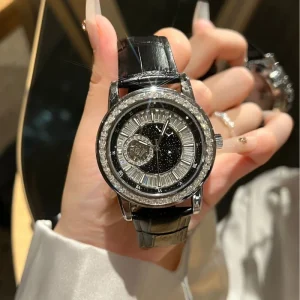 Women’s Skeleton Mechanical Watch Full Diamond Bezel Genuine Leather Strap Waterproof for Business and Party