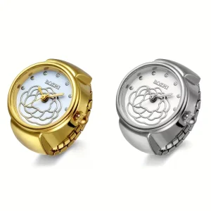 Women’s Stainless Steel Engagement Wedding Gift Ring Watch Simple Fashion Flower Dial Elastic Bracelet Hand made Quartz Finger