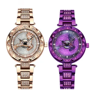 Women’s Stainless Steel Quartz Watch with Rotating Dial and Rhinestone Pointer Display 16mm Alloy Band Width
