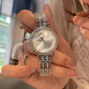 Women’s Stainless Steel Silver Watch Full Diamond Bezel Sapphire Crystal-Encrusted Silicone Strap Mechanical Movement