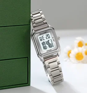 Women’s Stainless Steel Strap Digital Watch Waterproof Wristwatch Alarm Square Alloy Case Gold Color
