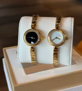 Women’s Vintage Stainless Steel Quartz Watch 22mm with CZ Diamond, Sapphire, Square Rivet Wristwatch, White Mother of Pearl Shell Dial