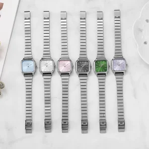 Women’s Watch Alloy Case Glass Dial Waterproof Quartz Watch Stainless Steel Band Elegant Square Dial