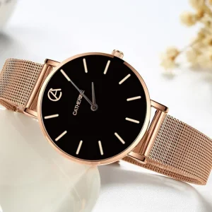 Women’s Watch Alloy Quartz Ladies Rose Gold Wrist Watch Waterproof 3ATM Mesh Belt Steel Color