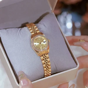 Women’s Watch Round Case Stainless Steel Band Date Display Mother of Pearl Dial Versatile Design