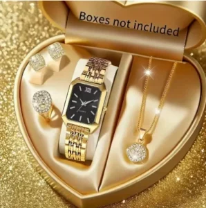 Women’s Watch Set 4pcs Jewelry Set Elegant Square Quartz Watch with Stainless Steel Strap Perfect Gift