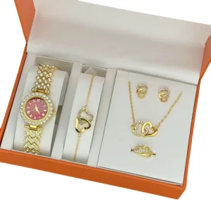 Women’s Watch Set Heart Ring Necklace Earrings Water Diamond Inlaid Quartz Bracelet Casual Set