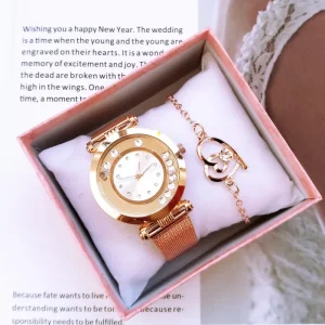 Women’s Watch Two-Piece Set Leisure Style Eco-Friendly Quartz Movement Alloy Band Pointer Ball Sand Rhinestone Gift 36mm