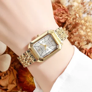 Women’s Watch with Alloy Band Light Luxury Simple Elegant Wristwatch Glass Quartz Rectangular Case Gold Pointer Customizable