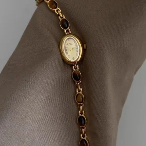 Women’s Watch with Gemstone Inlay, Tiger Eye, French Vintage, Retro Quartz Watch
