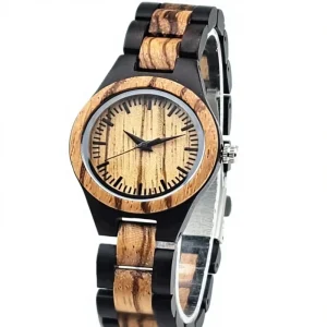 Women’s Wooden Watch Lightweight Analog Handmade Quartz Round Case Brown Dial Foldover Clasp Adjustable Band Extra Links