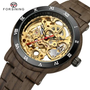 Wood Color Stainless Steel Bracelet Wrist Watch Men Skeleton Automatic Mechanical Watch