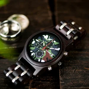 Wood Gift Camouflage Color Dial Automatic Japan Movement Men’s Watch with Wooden Cloth