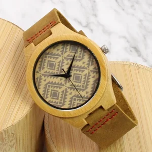 Wood Watch Handmade Genuine Cow Leather Strap Wood Bamboo Watch