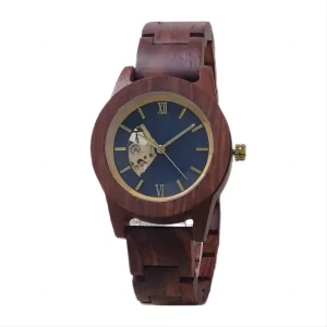 Wooden Watch with Inlaid Steel Carved Dial Real Nail Hour Markers Miyota Quartz Movement