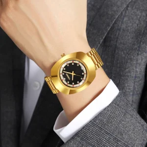 YHMEI Premium Gold Band Men’s Watch Waterproof Blue Dial Luminous Hands Diamond Accents Business Quartz Watch for Men