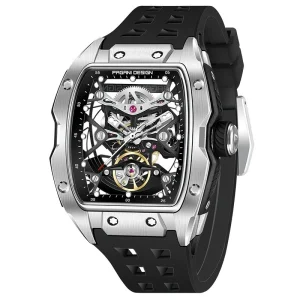 YS018 Luxury Men’s Automatic Mechanical Barrel Watch Waterproof Fluororubber Band Hollow Skeleton Tonneau Watches