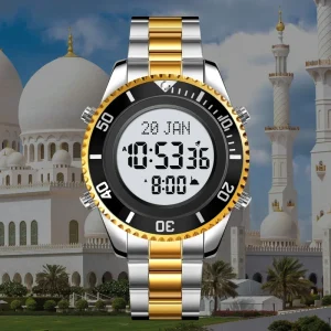 customize Luxury Stainless Steel Digital Watch Muslim Adhan Prayer Compass Clock Back Light Azan time Hijri Islamic watches